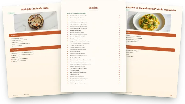 Páginas reais do e-book: sumário e receitas com foto, ingredientes e modo de preparo